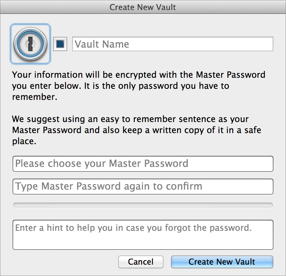 <strong>Figure 24:</strong> Choose the options for your new vault in this dialog.