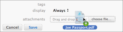 <strong>Figure 19:</strong> To include an attachment, such as a scanned image of a document, drag it to the Attachments field in 1Password for Mac.