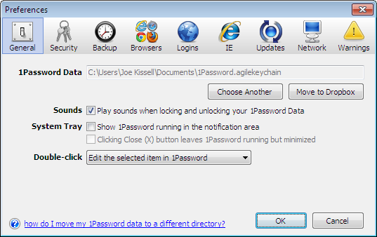 <strong>Figure 9:</strong> The 1Password Data field shows where your data file is currently stored.