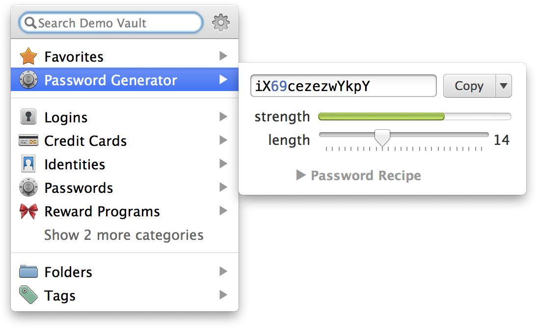 <strong>Figure 12:</strong> The password generator in 1Password mini on a Mac. Notice that the button says Fill if you’re in a Web browser, but Copy (as shown here) if you’re not.