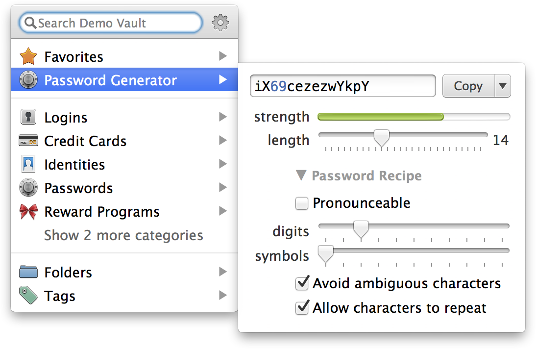 <strong>Figure 14:</strong> Additional “recipe” controls in 1Password mini on a Mac. Similar options appear in the main 1Password app on the Mac.