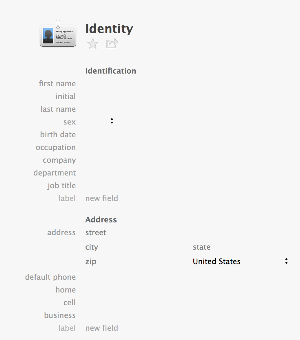 <strong>Figure 17:</strong> A portion of 1Password’s Identity form. Below what’s shown here are fields for Internet details (email, Skype, IM, etc.)