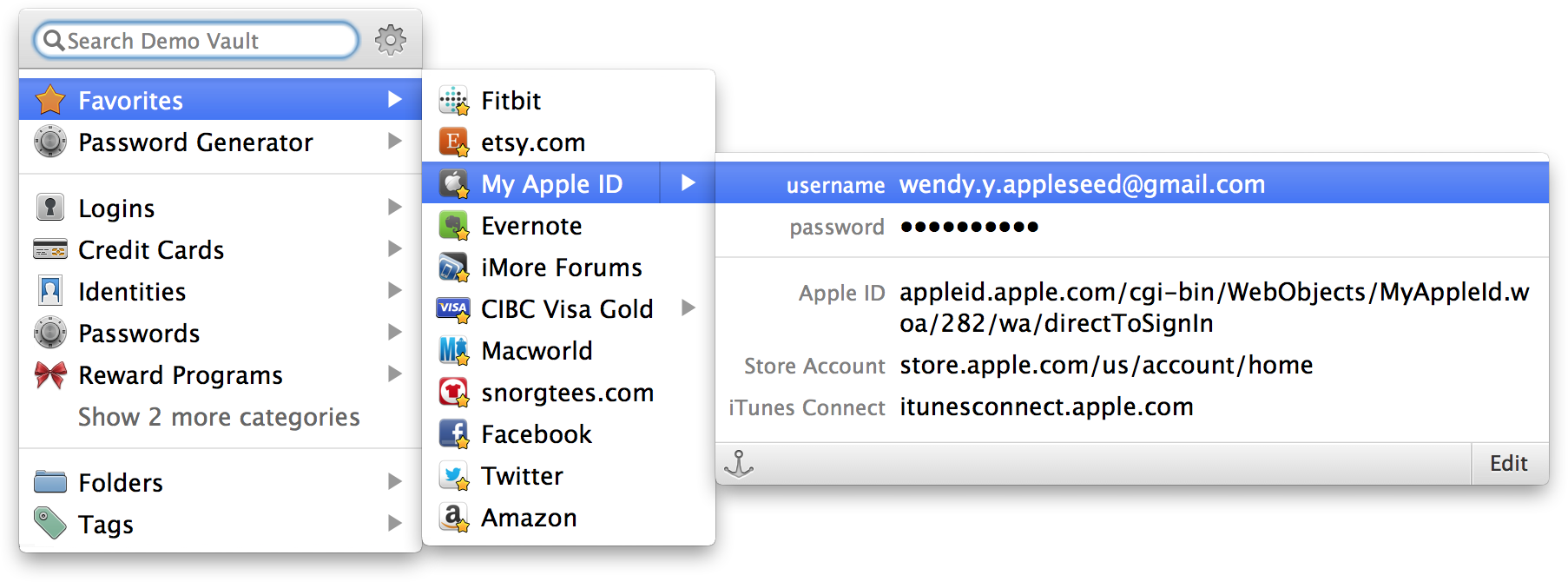 <strong>Figure 3:</strong> An individual login selected in 1Password mini. Click the anchor icon in the lower left of the item’s display to make it stay on screen as a separate window.