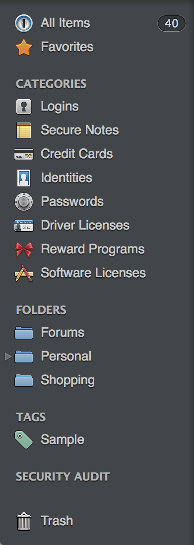 <strong>Figure 20:</strong> The sidebar in 1Password for Mac. (The Windows version is a bit different.)