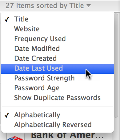 <strong>Figure 21:</strong> The subtle Sort Order pop-up menu (shown here as it appears for Logins) has lots of useful sorting options.