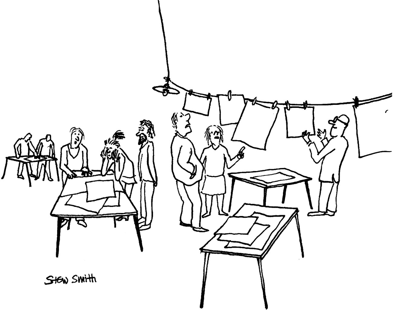 Cartoon illustration of people working with papers on the tables and some papers hanged.