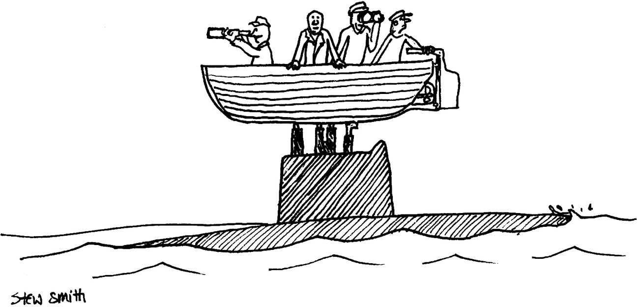 Cartoon illustration of a boat on top of a submarine with four persons riding on the boat.