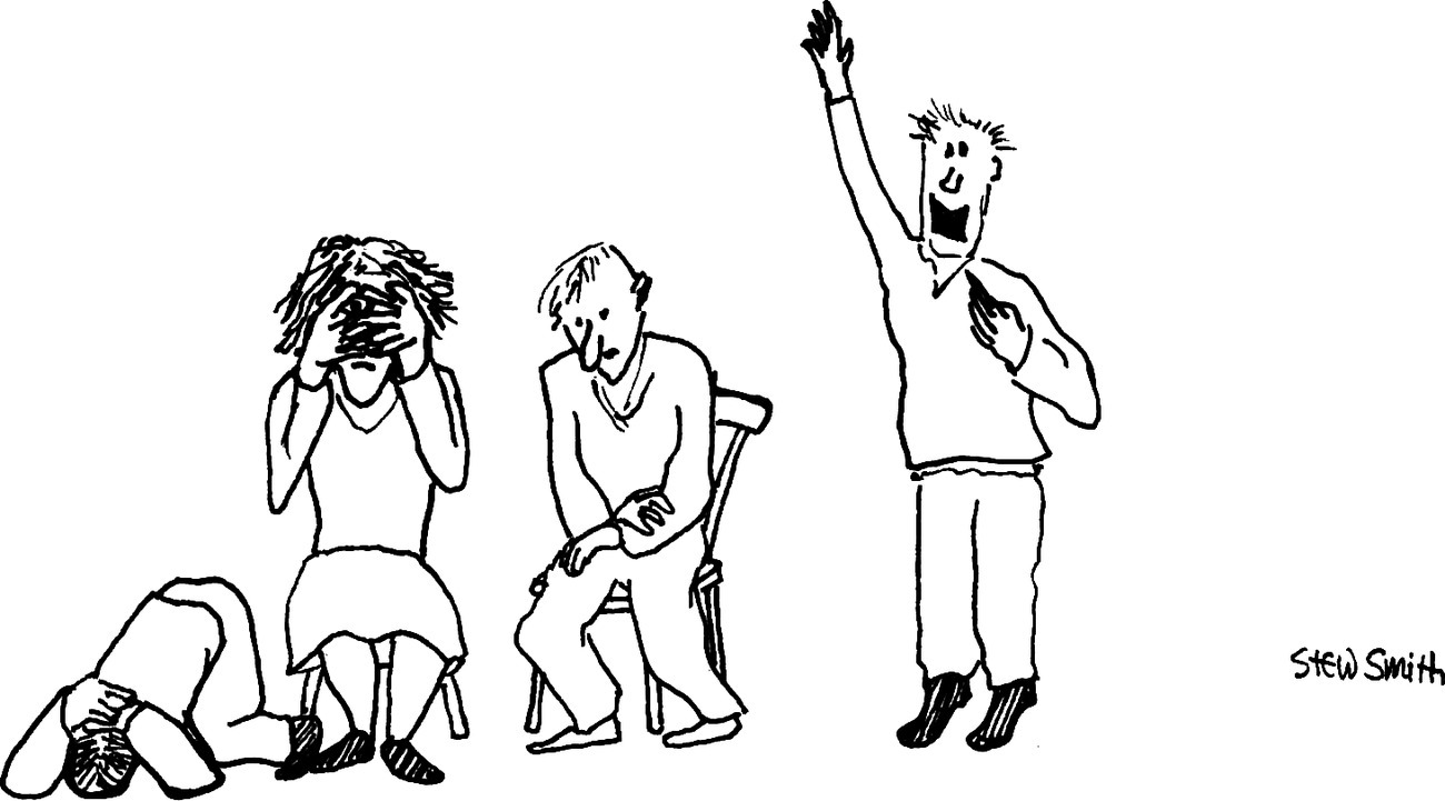 Cartoon illustration of a waiting game presenting four persons, one bowing on his knees, one sitting with face covered with hands, one sitting with hands on his lap, and the fourth standing with one hand raised.