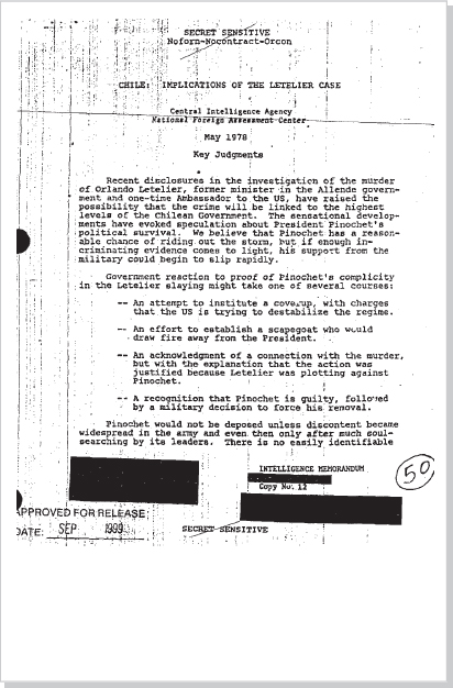 DOCUMENT 1. CIA, SECRET Intelligence Assessment, “Chile: Implications of the Letelier Case,” May 1978 (pages 1–3).