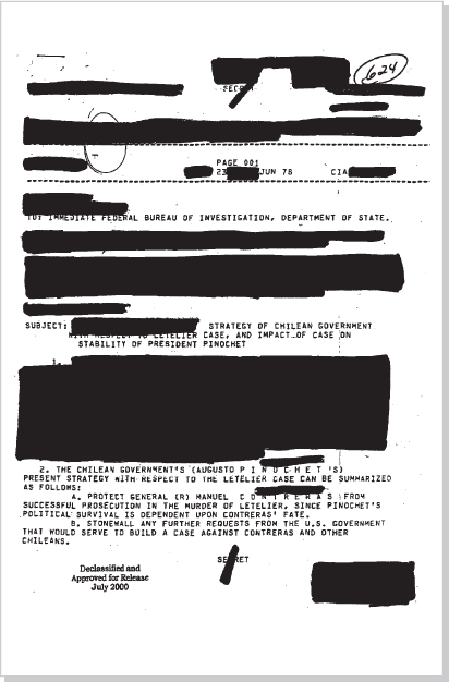 DOCUMENT 2. CIA, SECRET Intelligence Report, “[Deleted] Strategy of Chilean Government with Respect to Letelier Case, and Impact of Case on Stability of President Pinochet,” June 23, 1978.