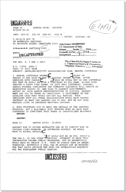 DOCUMENT 3. U.S. Embassy, SECRET Cable, “Letelier/Moffitt Assassination Case: Manuel Contreras,” August 24, 1978.