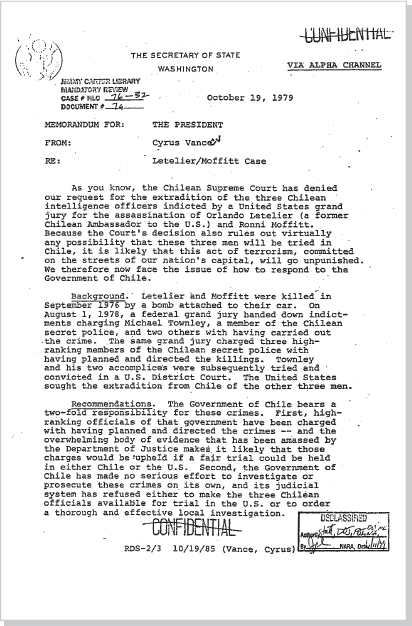 DOCUMENT 4. Secretary of State, Options Paper for President Carter from Gyrus Vance, “Letelier/Moffitt Case,” October 19, 1979.