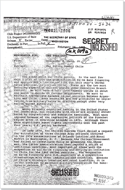 DOCUMENT 5. Secretary of State, SECRET Memorandum for President Reagan from Alexander Haig, “Our Policy Toward Chile,” February 16, 1981.