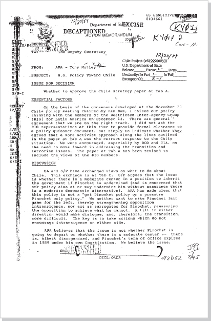 DOCUMENT 8. Department of State, SECRET Action Memorandum, “U.S. Policy Toward Chile,” December 20, 1984.