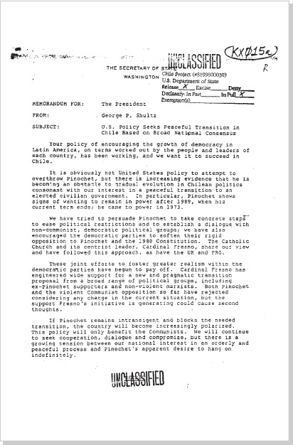 DOCUMENT 9. Secretary of State, Memorandum to President Reagan from George Shultz, “U.S. Policy Seeks Peaceful Transition in Chile Based on Broad National Consensus,” September 3, 1985.