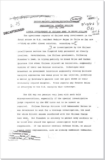 DOCUMENT 10. White House, SECRET Presidential Evening Reading, “Likely Involvement of Chilean Army in Rojas Killing,” July 14, 1986.