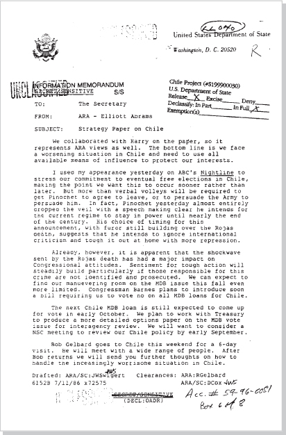 DOCUMENT 11. Department of State, SECRET Information Memorandum to Secretary Shultz, “Strategy Paper on Chile,” July 11, 1986.