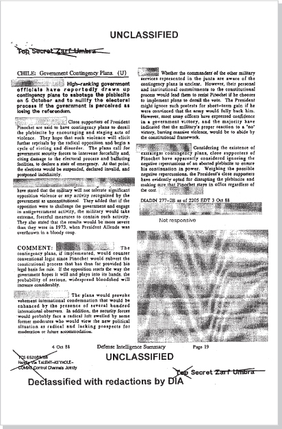 DOCUMENT 12. Defense Intelligence Agency, TOP SECRET ZARF UMBRA Report, “Chile Government Contingency Plans [To Disrupt Plebiscite], October 4, 1988.