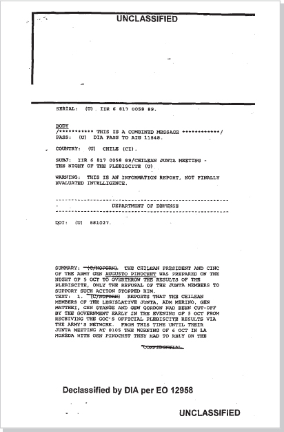 DOCUMENT 13. Defense Intelligence Agency, Information Report, “Chilean Junta Meeting-The Night of the Plebiscite,” January 1, 1989.