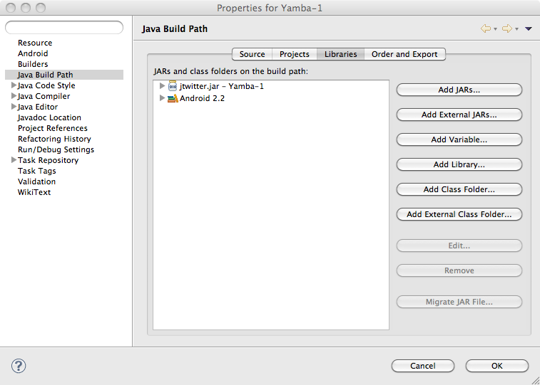 Properties for Yamba dialog window in Eclipse, where we add the jtwitter.jar file