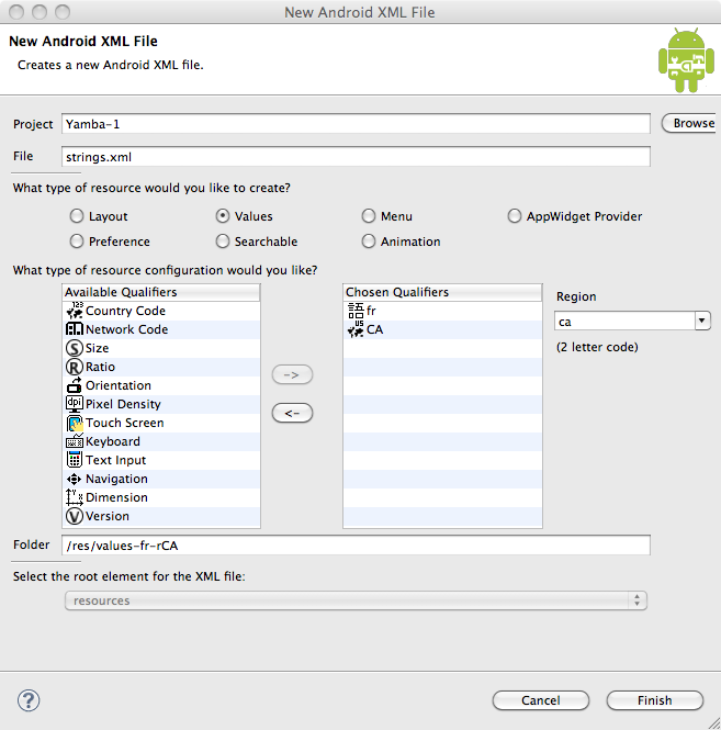 Alternative resources with New Android XML File dialog