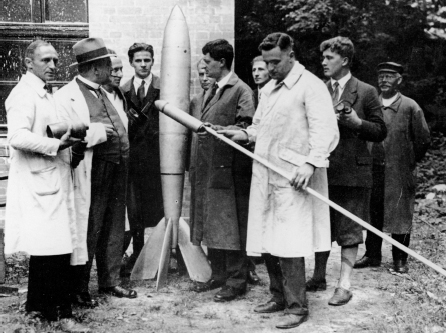 In 1930, an eighteen-year-old Wernher von Braun (in knickers) serves as a volunteer apprentice ...