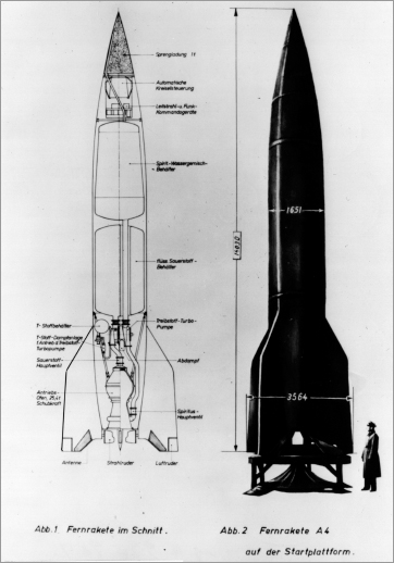 German A-4 (V-2) missile documents confiscated in 1945 by the U.S. Army show, at left, an engineering cutaway view and, right, the forty-six-foot-tall rocket on der Startplattform (launch pad), with flame deflector plate below.