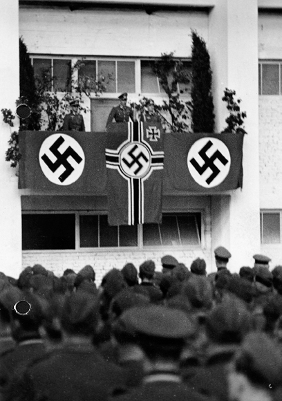 Nazi flags adorn the façade of the officers club at Peenemünde. The SS took control of the rocket ...