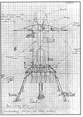 Von Braun’s drawing of a lunar cargo ship described in his article “The Journey,” part ...