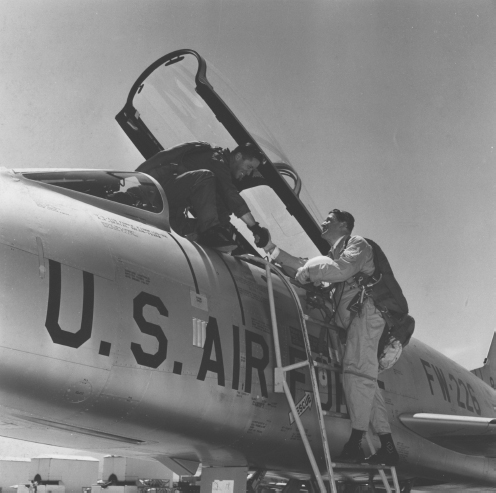 Von Braun thanks his copilot after a May 12, 1959, flight in which he piloted ...