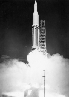 A Saturn IB booster rocket lifts off from Cape Canaveral in a mid-1960s test flight. Developed by the von Braun team and its contractor partners in industry, the Saturn IB was a step in the ...