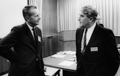 Edward C. Uhl, Fairchild Industries chief executive, talks with von Braun during a visit he made to the company in Germantown, Maryland, ...