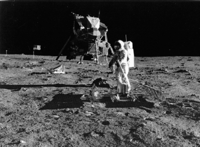 Apollo 11 lunarnaut Buzz Aldrin positions scientific equipment on the Moon’s surface during the first ...