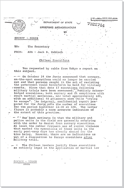 DOCUMENT 1. Department of State, SECRET Memorandum for Henry Kissinger, “Chilean Executions,” and “Fact Sheet-Human Rights in Chile,” November 27, 1973.