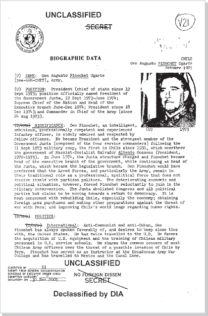 DOCUMENT 3. Defense Intelligence Agency, SECRET Biographic Data on General Augusto Pinochet, January 1975.