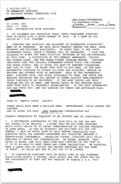 DOCUMENT 4. U.S. Embassy, Cable, “Conversation with Pinochet,” October 12, 1973.