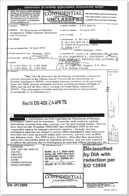 DOCUMENT 7. Defense Intelligence Agency, Report, “Directorate of National Intelligence (DINA) Expands Operations and Facilities,” April 15, 1975.