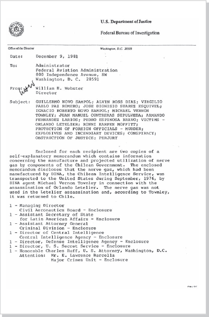 DOCUMENT 8. FBI, Memorandum from William Webster [Project Andrea—Chile’s Nerve Gas Program], December 9, 1981.