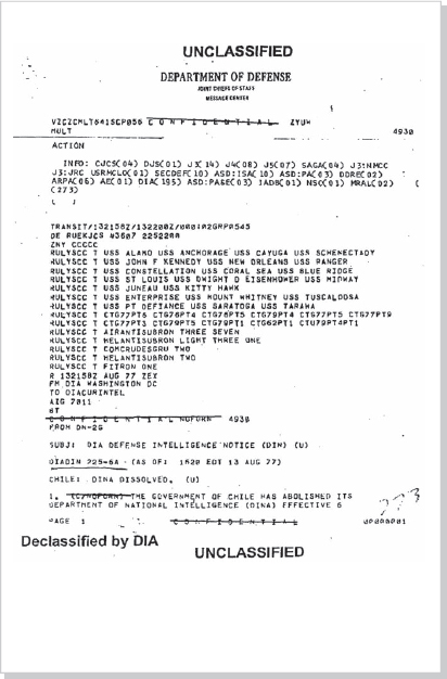 DOCUMENT 9. Defense Intelligence Agency, Cable, “DINA Dissolved,” August 13, 1977.