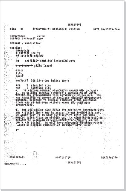 DOCUMENT 1. Department of State, Cable, “USG Attitude Toward Junta,” September 13, 1973.