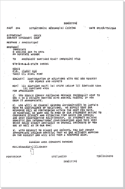 DOCUMENT 2. Department of State, Cable, “Continuation of Relations with GOC and Request for Flares and Helmets,” September 18, 1973.