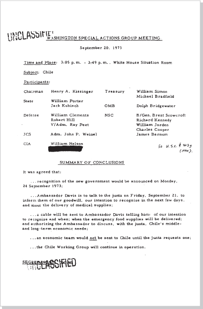 DOCUMENT 3. Department of State, SECRET Meeting Minutes of the Washington Special Actions Group, “Chile,” September 20, 1973.