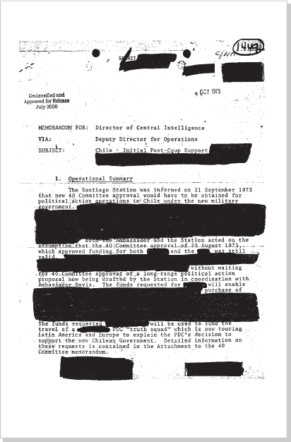 DOCUMENT 5. CIA, SECRET Memorandum for William Colby, “Chile—Initial Post-Coup Support, October 9, 1973.