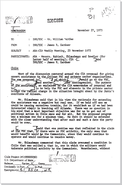 DOCUMENT 6. Department of State, Memorandum of Conversation, “ARA-CIA Weekly Meeting, 23 November 1973,” November 27, 1973.