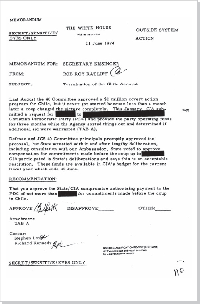 DOCUMENT 7. White House, SECRET Action Memorandum for Henry Kissinger, “Termination of Chile Account,” June 11, 1974.