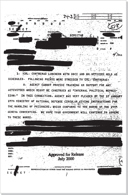 DOCUMENT 8. CIA, SECRET Intelligence Memorandum [Col. Contreras Luncheon at CIA Headquarters], March 4, 1974 (page 1).