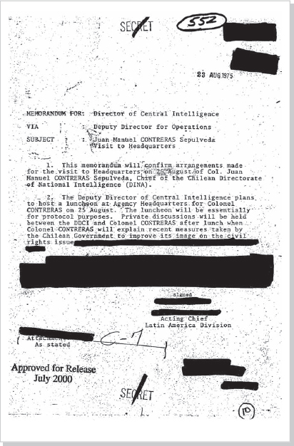 DOCUMENT 10. CIA, SECRET Memorandum for William Colby, ‘Juan Manuel Contreras Sepulveda Visit to Headquarters,” August 23, 1975.