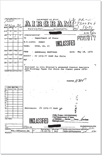 DOCUMENT 12. Department of State, “FY 1976–77 Country Analysis and Strategy Paper for Chile, U.S. Policy Toward Chile—An Alternative,” May 18, 1975.