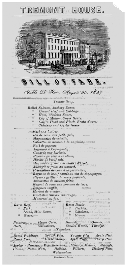 Image: Tremont House bill of fare, 1847. LIBRARY OF CONGRESS.