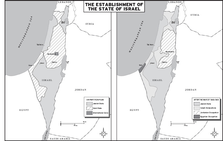 On the left, the boundaries of two new states in Palestine according to the November 1947 UN resolution, and on the right the provisional borders of Israel and its neighbors established by a UN mediator in 1949.